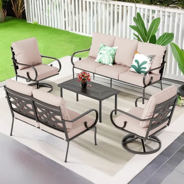 Arriona 7 Person Metal Patio Conversation Set with Loveseat & Swivel Lounge Chairs