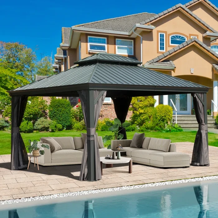 Aluminum Galvanized Steel Patio Gazebo with Double Roof Dark Gray  18 (ft) x 12 (ft)