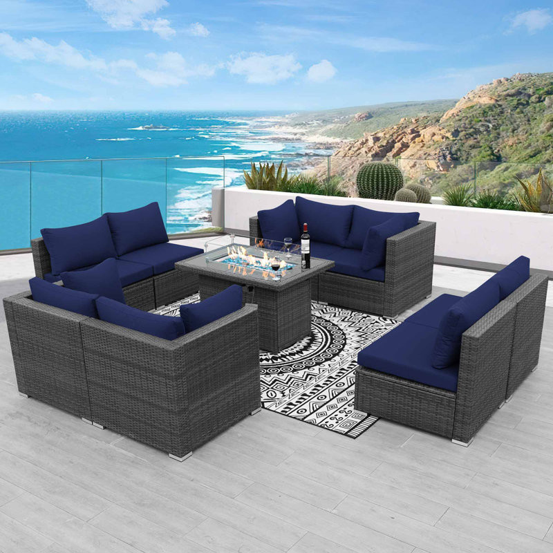 Patio Furniture Conversation Sofa Set with Firepit Table and Cushions