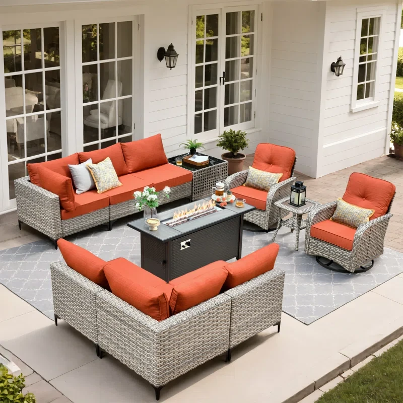 10 Piece Patio Furniture With Fire Pit Table, Outdoor Rattan Wicker Conversation Set With Glowing Coffee Table, Comfy Sectional Sofa Set With Swivel Rocking Chairs For Porch Balcony Backyard Pool