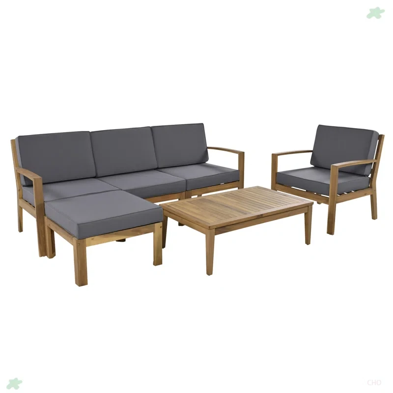 6-Piece Acacia Wood Frame Patio Sectional Sofa Set With Coffee Table And Removable Cushion