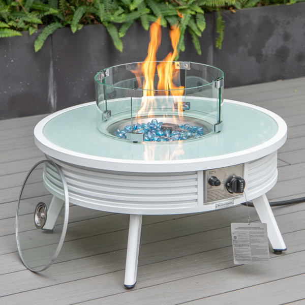 Habibah Latitude Run® Walbrooke Modern White Round Patio Fire Pit With Slats Design & Wind Guard