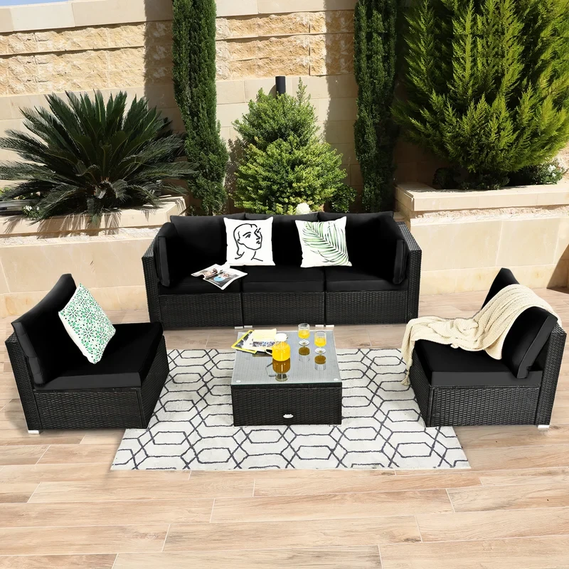 6 Piece Rattan Sectional Seating Group with Cushions