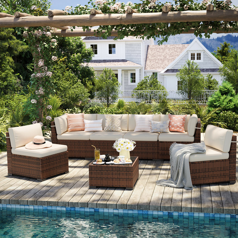 6 Person Rattan Sectional Seating Group With Cushions