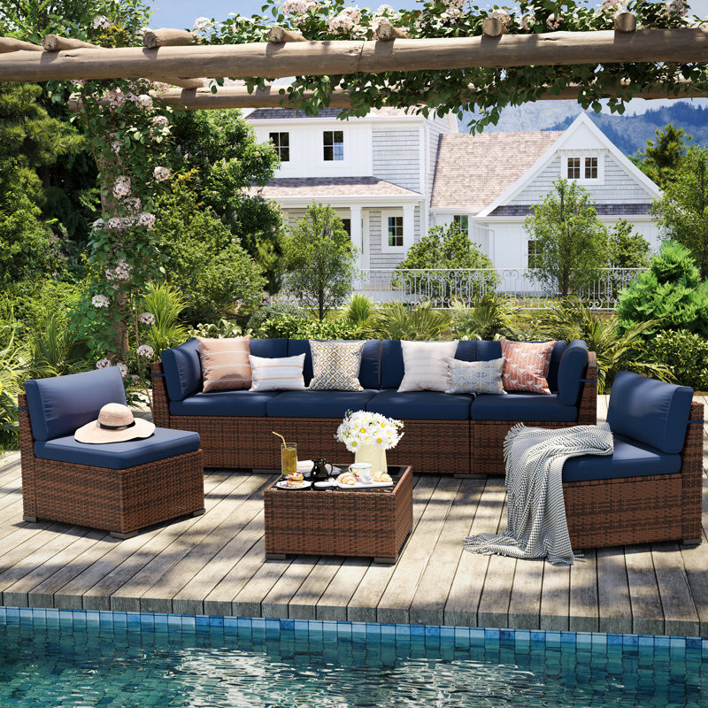 6 Person Rattan Sectional Seating Group With Cushions