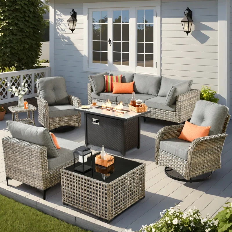 6 Seats High Quality Pe Rattan Outdoor Furniture Sofa With Rocking Chair And Stove, Can Be Freely Combined