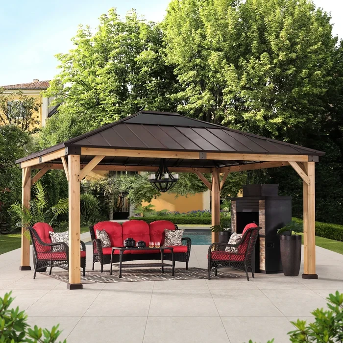 15 Ft. W x 13 FT. D Patio Cedar Framed Gazebo with Brown Steel and Polycarbonate Hip Roof Hardtop