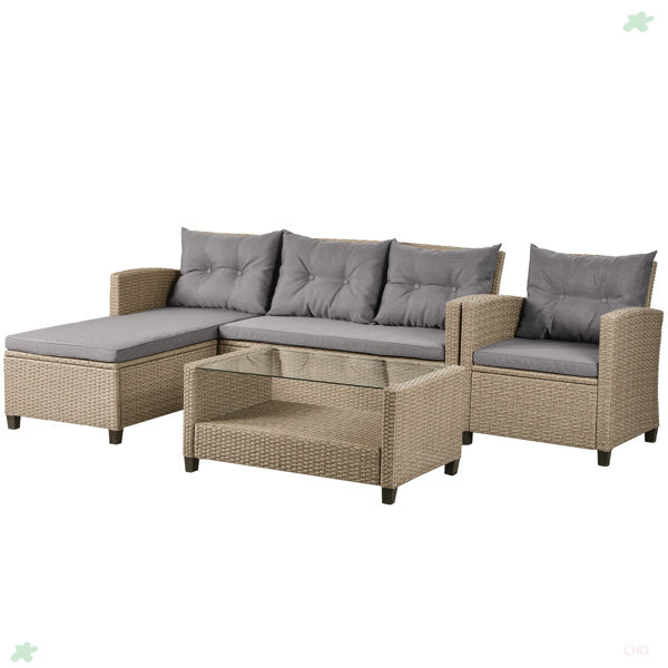 4 Piece Conversation Set Wicker Ratten Sectional Sofa With Seat Cushions