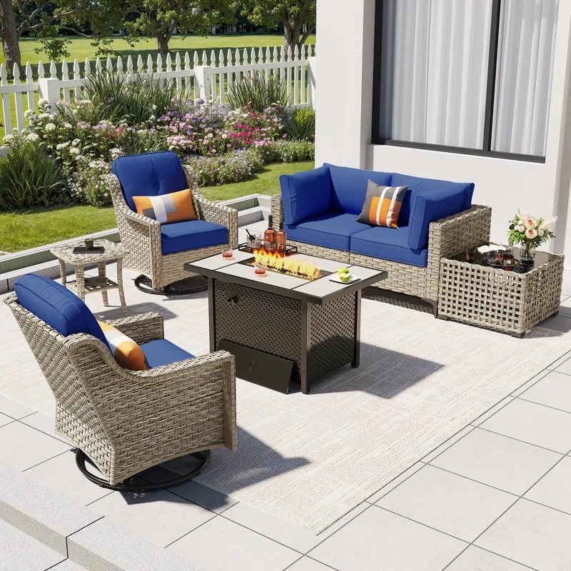 High Density Pe Cane Outdoor Sofa With Stove And Swivel Chair