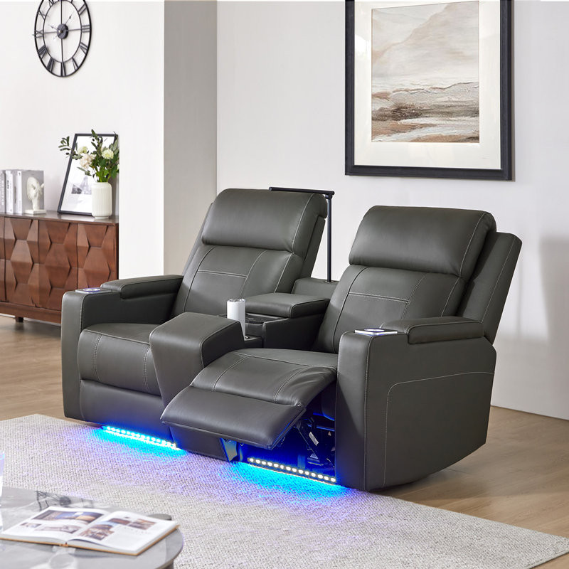 Altovise 71.26" Wide Genuine Leather Home Theater Seating with Cup Holder and Storage