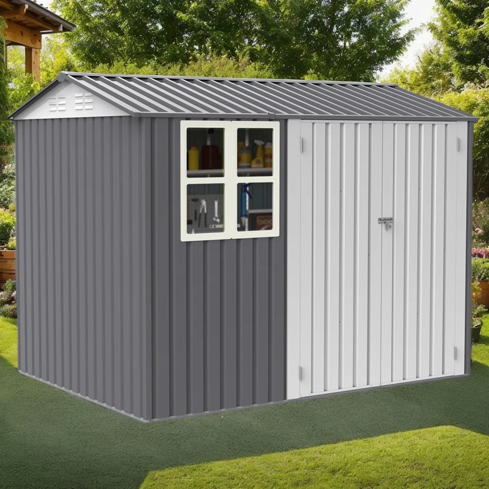 8.1X5.6X7.3FT Outdoor Storage Shed, Metal Tool Sheds With Window & Double Hinged Lockable Doors