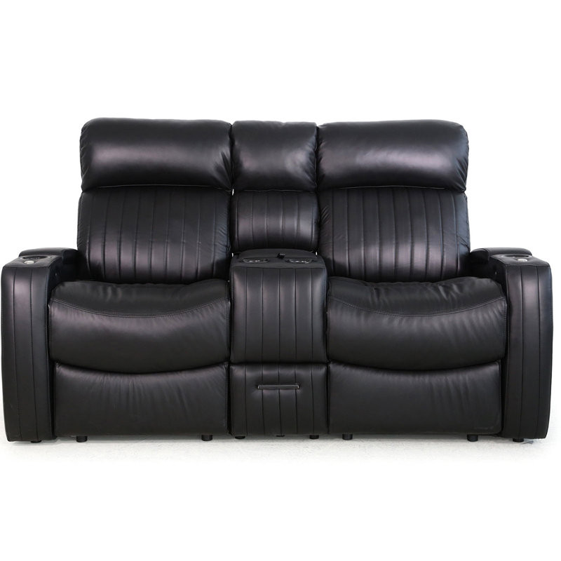 Asta Upholstered Home Theater Seating with Cup Holder Leather Type:  Black Leather Match