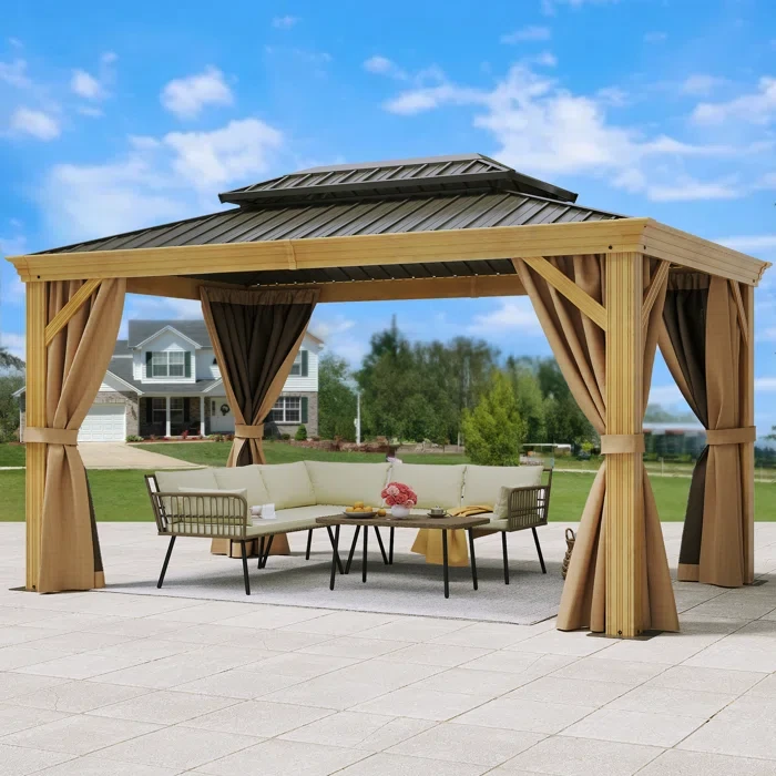 Aluminum Patio Gazebo with Wood Grain 12 ft x 10 ft