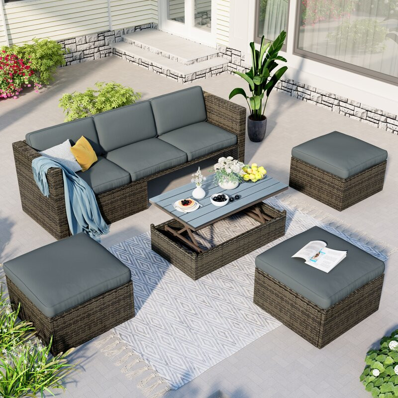 Napa Patio Outdoor Conversation Set 5 Piece Patio Wicker Sofa With Adjustable Backrest, Cushions, Ottomans And Lift Coffee Table