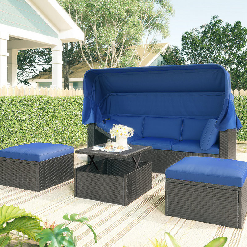 Crenwick Outdoor Patio Rectangle Daybed with Retractable CanopyWicker Sectional Seating