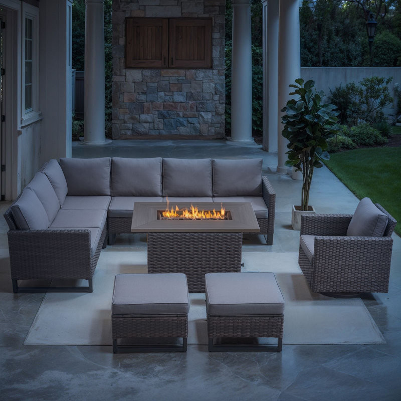 Hansencamp 8 - Person Outdoor Sectional Seating Group With Fire Pit With Swivel Glide Chair And Cushions