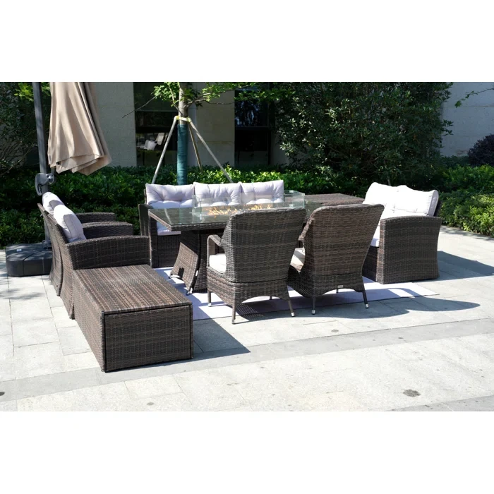 Leonard Wicker/Rattan 9 - Person Seating Group With Mixed Beige & Gray Cushions