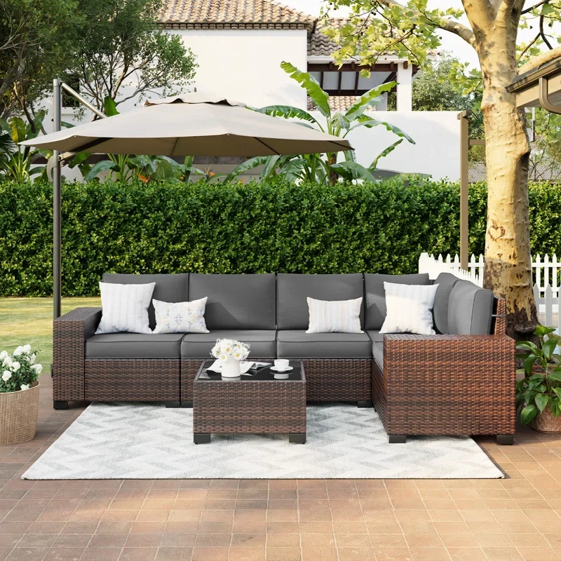 Earling 5 - Person Modular Wide Armrest Outdoor Rattan Sectional Seating Group