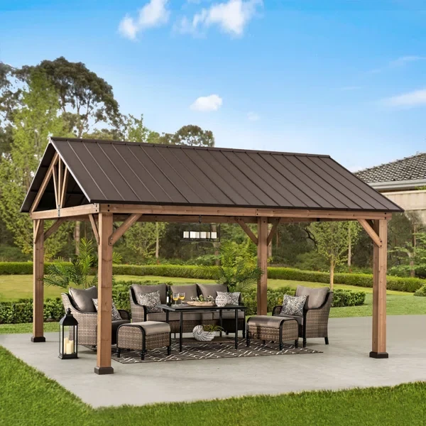 Sunjoy 13 ft. x 15 ft. Outdoor Patio Hardtop Gazebo, Wooden Frame Metal Gazebo