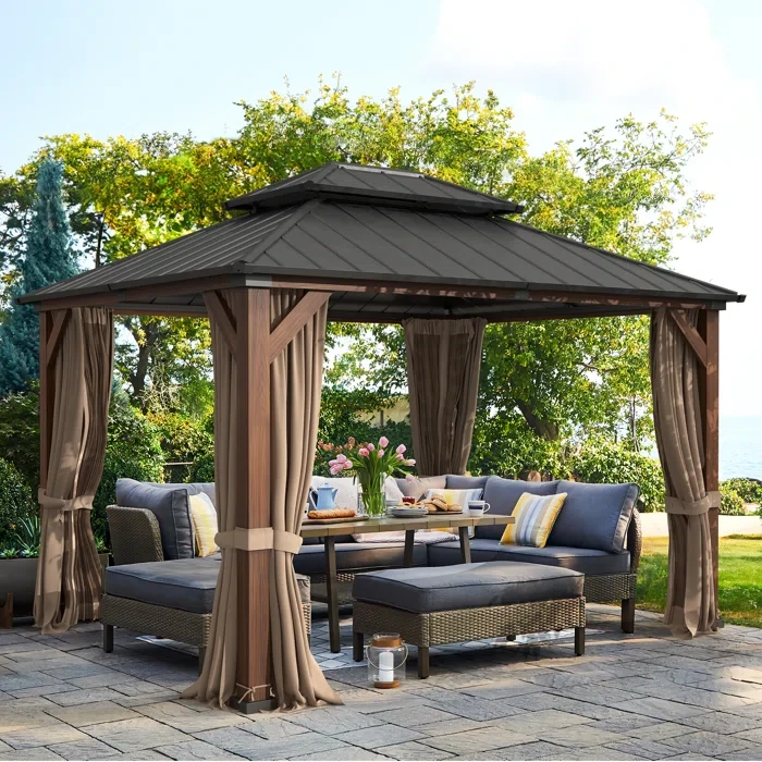 14 Ft. W x 12 Ft. D Perr Hardtop Gazebo with Privacy Curtain and Mosquito Netting