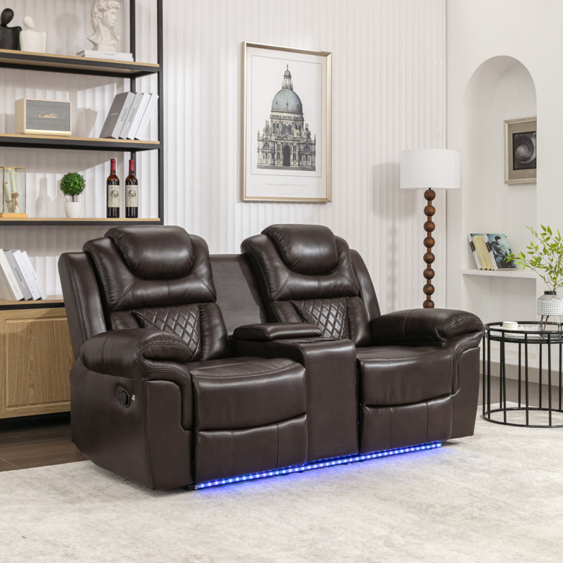 Home Theater Seating Manual Recliner Loveseat With Hide-Away Storage, Cup Holders And LED Light Strip For Living Room