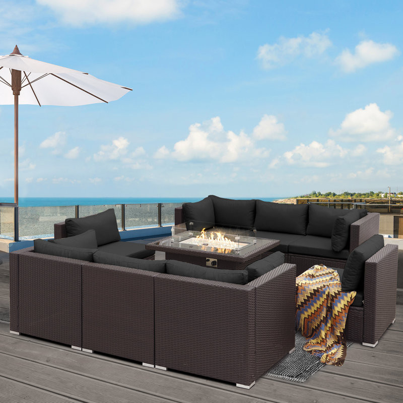 Patio Furniture Conversation Sofa Set with Firepit Table and Cushions