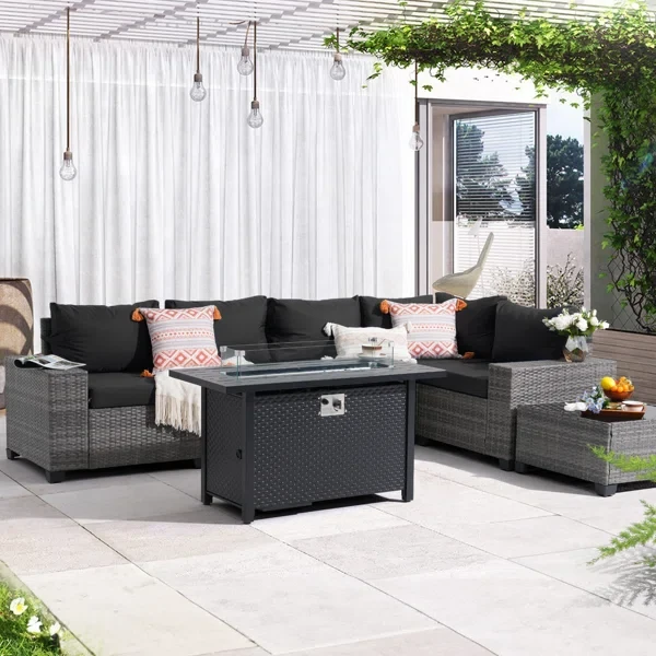 5 - Person Outdoor Rattan Seating Group With Cushions & Firepit