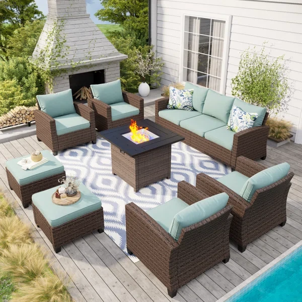 Argyri 9 - Person Outdoor Wicker Patio Conversation Furniture Set with Firepit