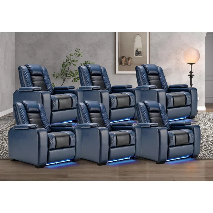 Valdur Adjustable Headrest Power Recliner Man Cave Home Theater Chair With Cup Holders USB LED (Set Of 6)