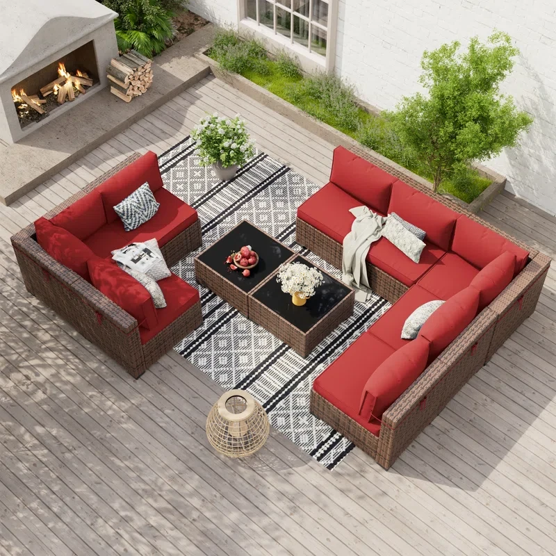 Modular 8-Person Rattan Sectional Conversation Sets With 2 Coffee Table