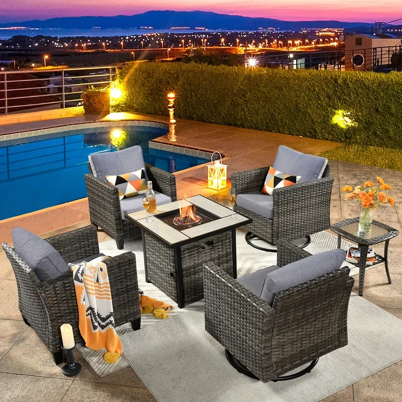 6 Piece Wicker/Rattan Patio Seating Group With Cushions (Fire Pit And Swivel Rocking Chairs Included)