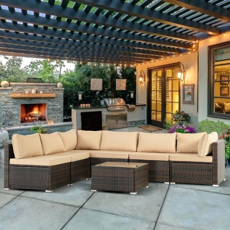 Floinn 7 Pieces Patio Outdoor Modular Sectional Couch Furniture Wicker Rattan Conversation Sofa Sets with Coffee Table