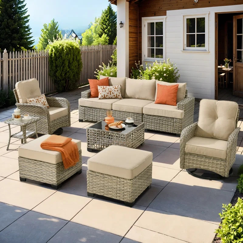 Tommy Outdoor Wicker 5 Person Seating Group With Cushions And Ottomans