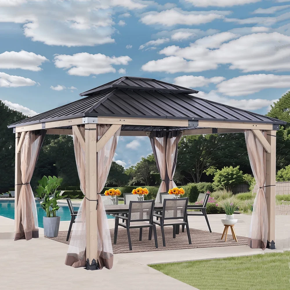 13 Ft. W x 11 Ft. D Solid Wood Patio Gazebo with Screen