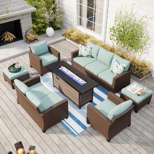 Argyri 9 - Person Outdoor Wicker Patio Conversation Furniture Set with Fire Pit Table