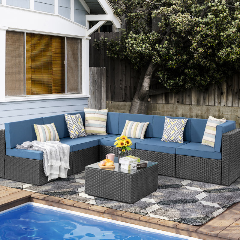 Knights 7 Piece Rattan Sectional Seating Group with Cushions