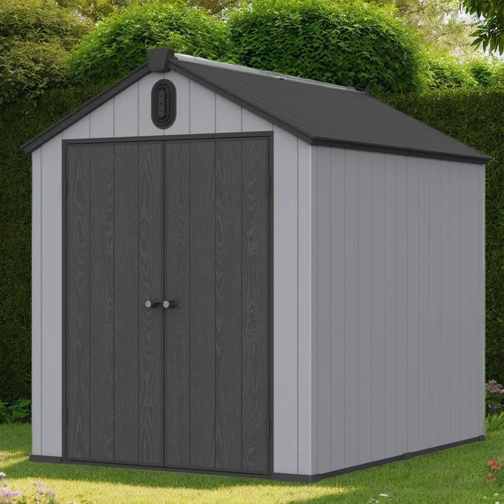 Large 6' x 8' Outdoor Resin Storage Shed, Plastic Shed w/Floor & Lockable Door, Waterproof Shed