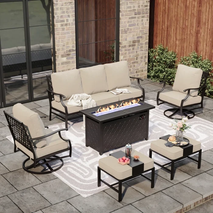 Asfand 7 - Person Outdoor Seating Group with Swivel Lounge Chairs& Firepit Table