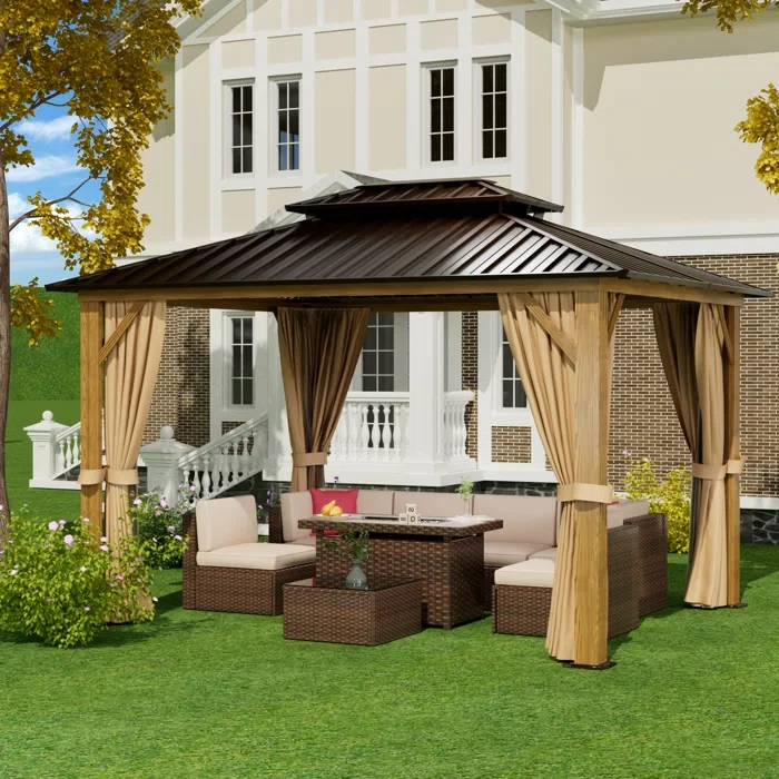 12Ft. W x 10Ft. D Outdoor Cedar Framed Gazebo with Steel Hardtop Permanent Wooden Finished Pavilion