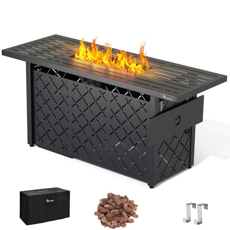 Astasia 24.8" H x 56.7" W Iron Propane Outdoor Fire Pit Table with Lid