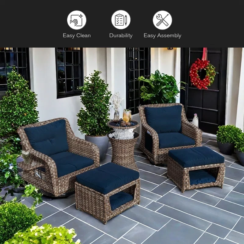 5 Pieces Outdoor Patio Furniture Set With Pet House Cool Bar And Retractable Side Tray, Rattan Wicker Patio Swivel Rocking Chairs Set Of 2 With Ottomans For Backyard, Porch, Balcony