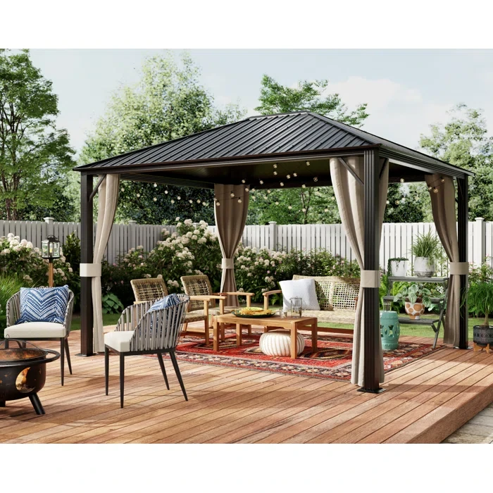 Kozyard 12 (ft) x 10 (ft) Caesar Hardtop Aluminum Permanent Gazebo with Sidewalls and Mosquito Netting