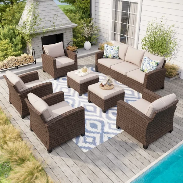 Argyri 9 - Person Outdoor Wicker Patio Conversation Furniture Set