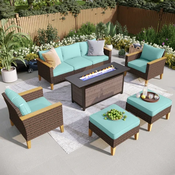 Argyri 7-Piece Wicker Outdoor Patio Furniture Set, Sectional Patio Set with Cushions and Firepit