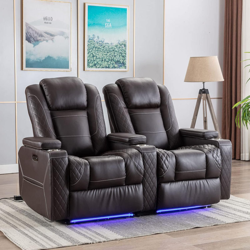 Faux Leather Power Reclining Home Theater Seating with Cup Holder