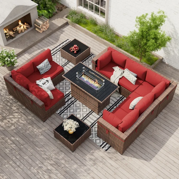 Mecayla 8-Person Rattan Wicker Set with Fire Pit Table