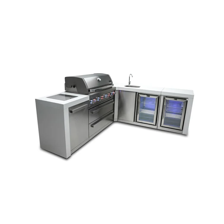 Mont Alpi 90 Degree Deluxe Stainless Steel Outdoor Island BBQ Grill + Beverage Center + Refrigerator