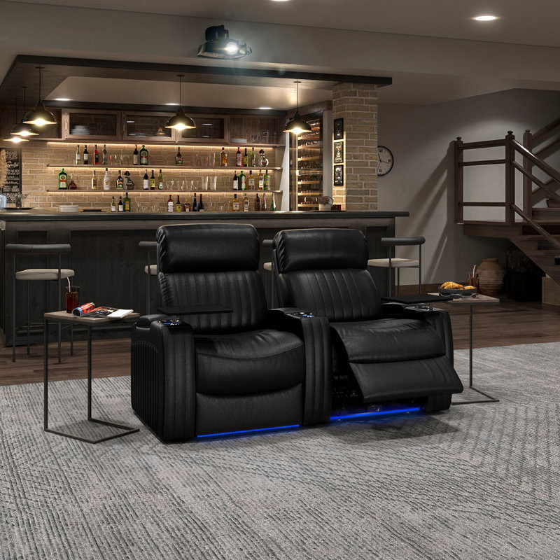 Catilaya Upholstered Power Reclining Home Theater Seating with Cup Holder Body Fabric:  Black Leather Match