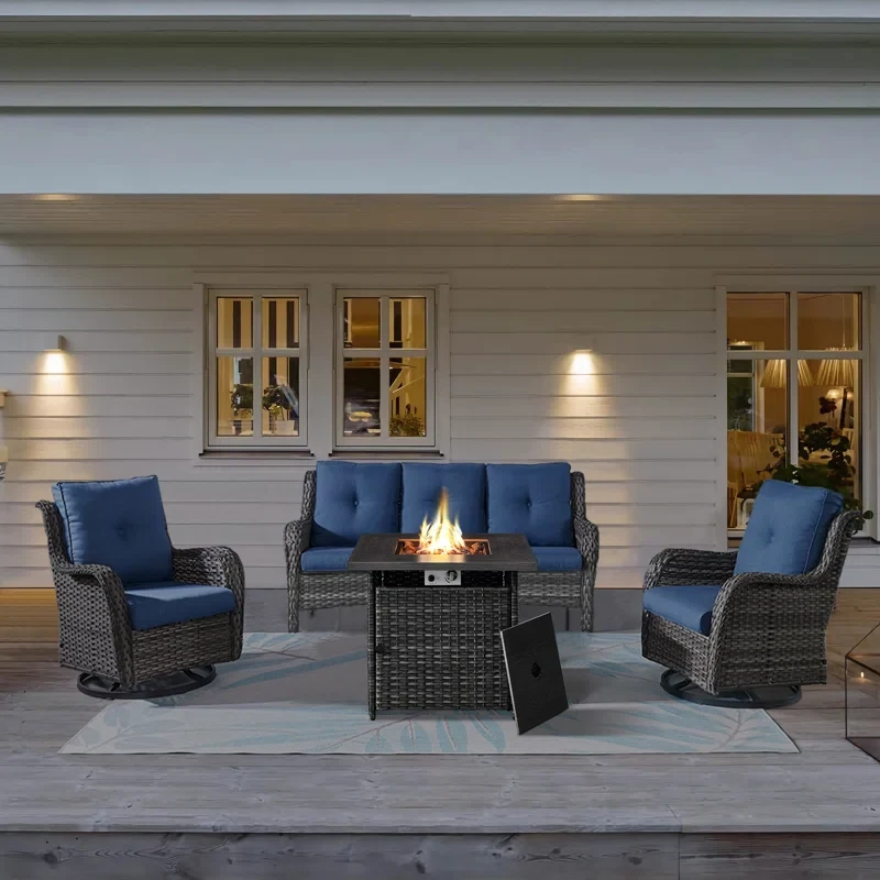 Billancourt Wicker 5 - Person Outdoor Seating Group with Fire Pit Cushions