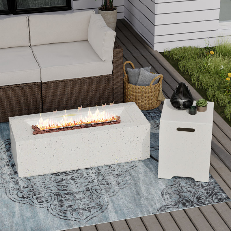 Orren Ellis Rectangle Concrete Propane Outdoor Fire Pit Table With Tank Cover